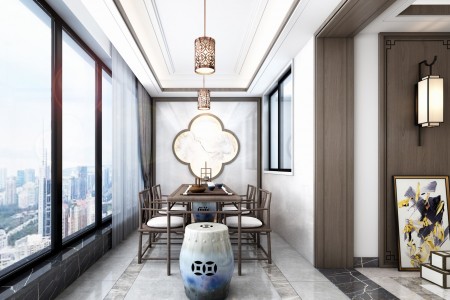 李女士新中式風(fēng)格入戶陽臺、主臥效果圖